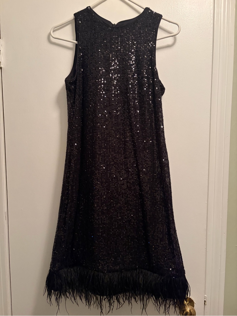 Taylor Black Sequin Dress with Feather Trim